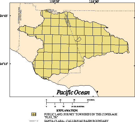 Township and range lines in Santa Clara-Calleguas Basin