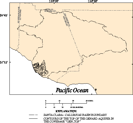 Elevation contours of the top of the Oxnard aquifer