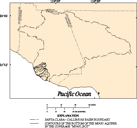 Elevation contours of the bottom of the Mugu aquifer