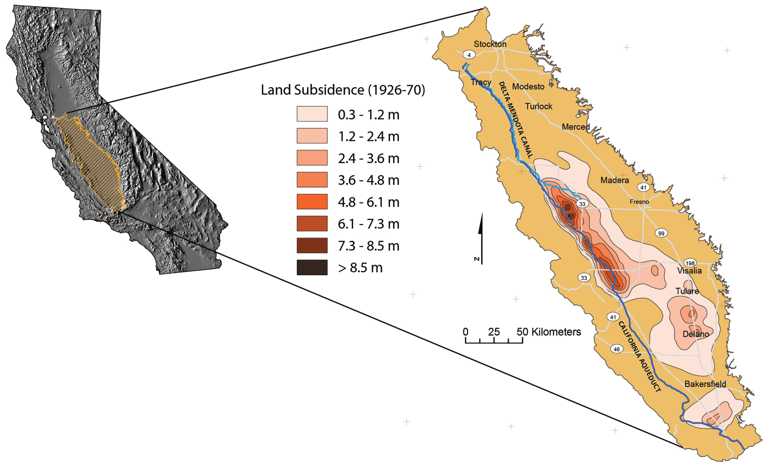 Map showing land subsidence in the San Joaquin Valley, California, 1926-70 (modified from Ireland and others, 1984)