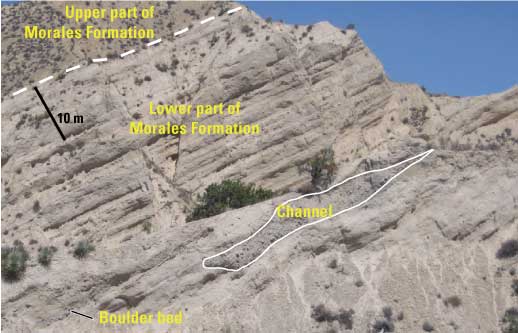 Photo of the Morales Formation in the Quatal Canyon of Cuyama Valley, California.