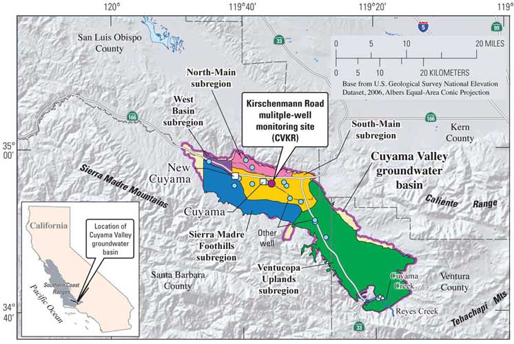 Map of multiple-aquifer monitoring-well site, selected supply and irrigation wells, and surface-water water-quality collection sites Cuyama Creek and Reyes Creek, Cuyama Valley, California.