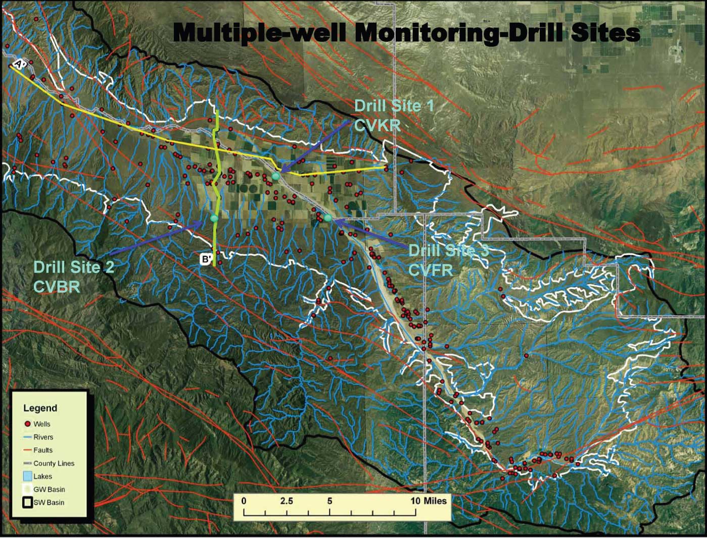Map of the locations of the multiple-well monitoring drill sites in the Cuyama Valley, California