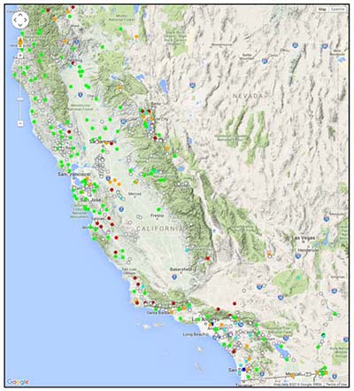 Map of California streamgages showing current stream heights