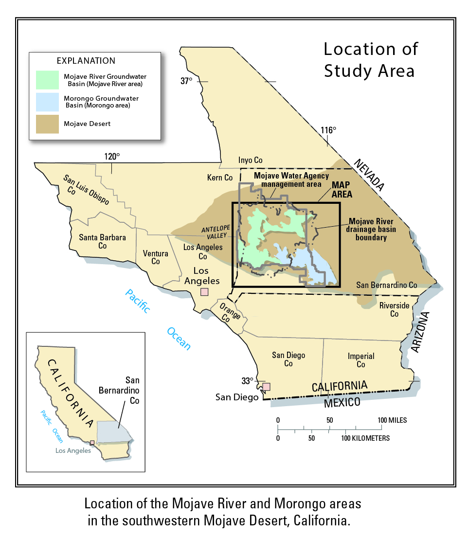 General study area location map showing locations of the Mojave River and Morongo ground-water basins in the southwestern Mojave Desert, CA.