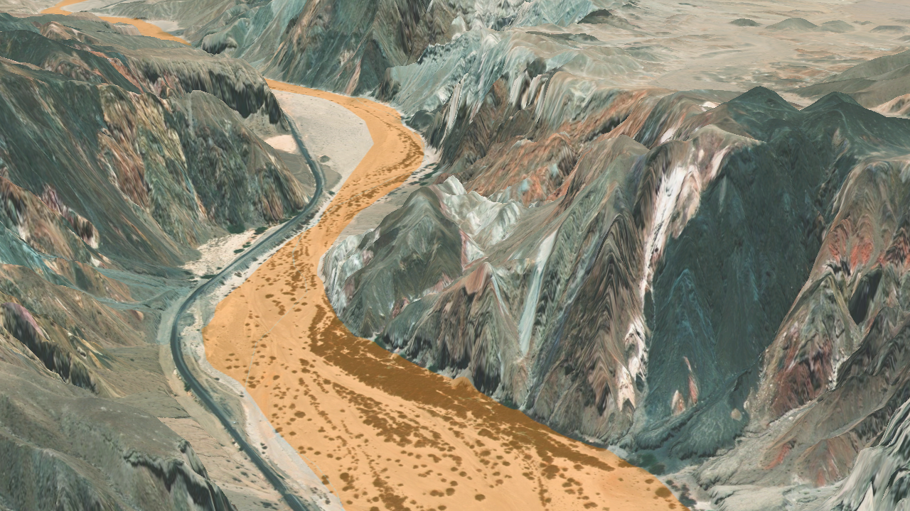 a 3D rendering of the Mojave River channel winding through Afton Canyon.  The river channel is symbolized in light orange.