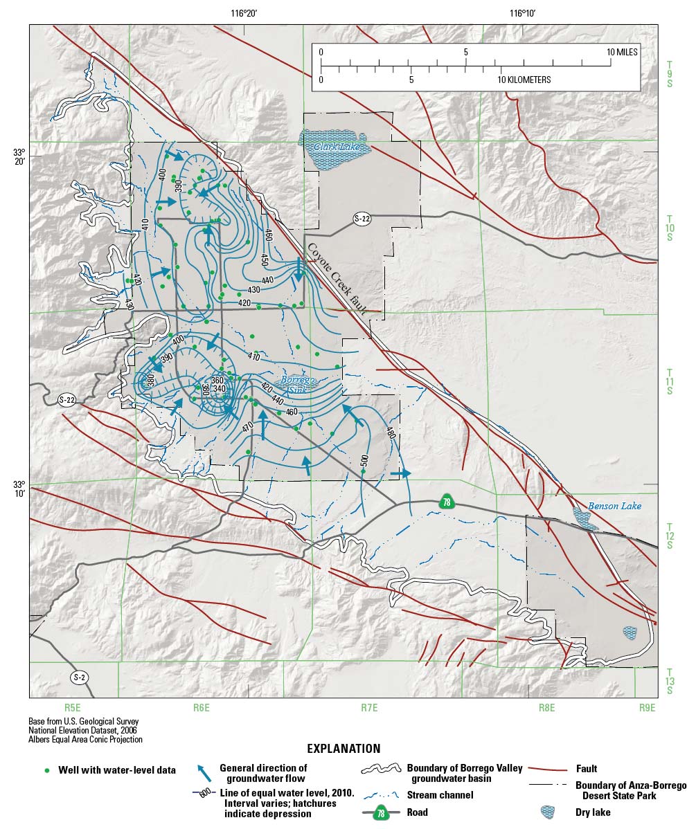 Water-level altitude and direction of groundwater flow 2010, Borrego Valley, California.