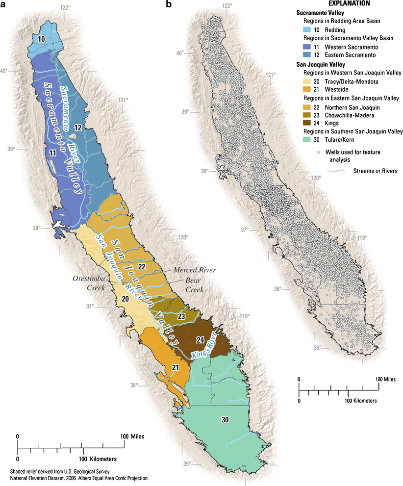 (a) Map of Central Valley showing groundwater basins and subbasins, groups of basins and subbasins into spatial provinces and domains for textural analysis, and (b) distribution of wells used for mapping texture.