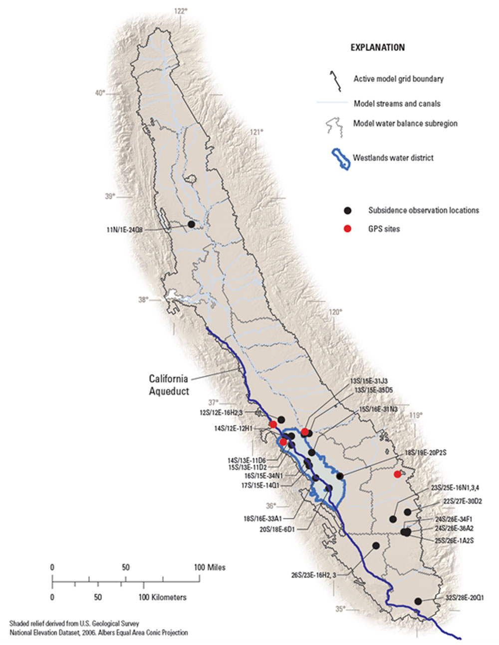 Map of the location of historical extensometers used to measure subsidence and continuous GPS sites in the San Joaquin Valley.