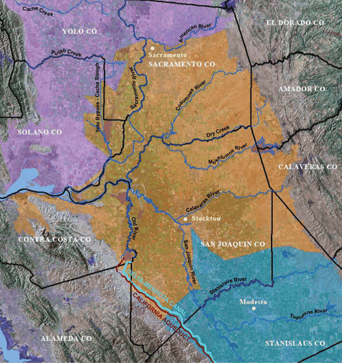 Map of the Delta & Eastside Streams region of the Central Valley.