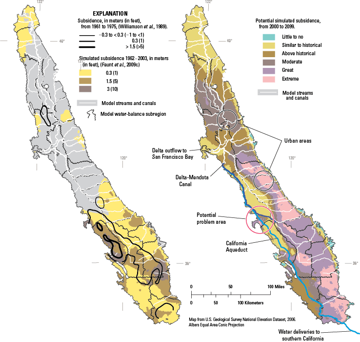 Map showing the historical land subsidence (1961 - 1975) and future land subsidence with the GFDL-A2 scenario and 1.2% urban growth from CVHM for the period 2000 - 2099, Central Valley, California, modified from Hanson et al. [2010a].