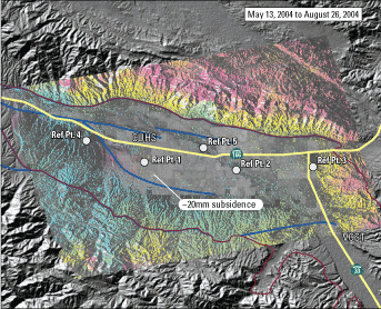 Persistent scatterer InSAR interferogram images for Cuyama Valley, Santa Barbara County, California, from May 13, 2004, to August 26, 2004