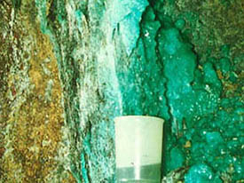 Photo of sulfide oxidation in a mine at Iron Mountain