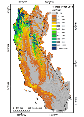 Map of hydrologic output variables for (a) average recharge (net infiltration below the root zone) for water years 1981-2010.