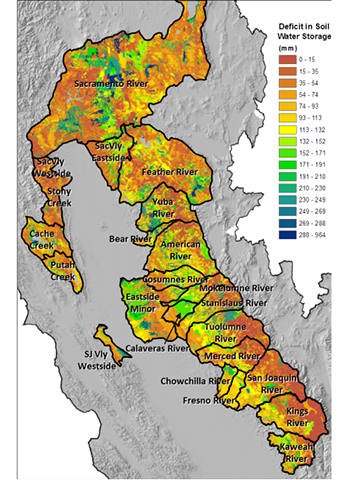 Water supply basins in California that drain to the SF Bay Delta and calculation of soil water deficit as of January 2014 using the California Basin Characterization Model