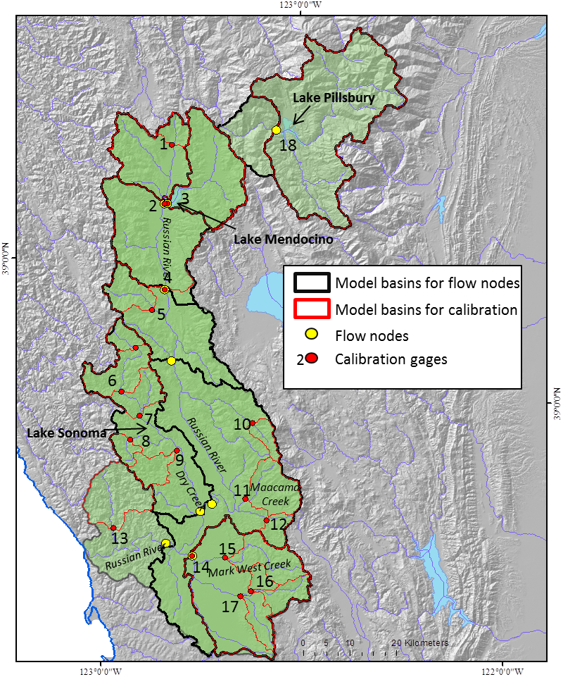 Figure 1. Map of Russian River study area illustrating the model boundaries for flow nodes and calibration, as well as the locations of the flow nodes and calibration gages.