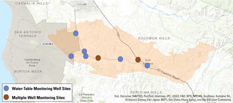 Map of USGS groundwater monitoring well sites in the San Antonio Creek Valley