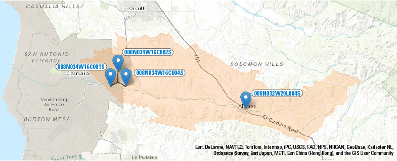 map of real-time groundwater-level monitoring sites in the San Antonio Creek Valley